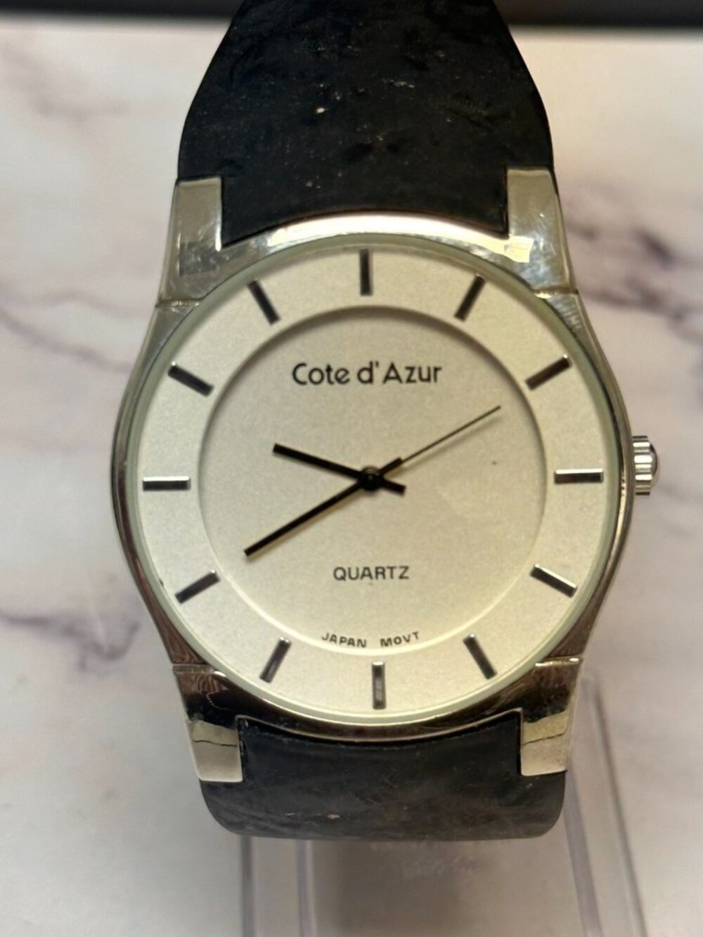 Cote d' Azur Watch Men Silver Tone Slim Round Black Resin Band New Battery 10"